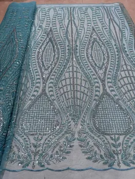 Синяя Африканская Тюлевая Кружевная ткань с блестками, 5 Ярдов 2023, Высококачественная вышивка, Французская сетка, Нигерийское Белое Кружево с бисером Для Свадьбы